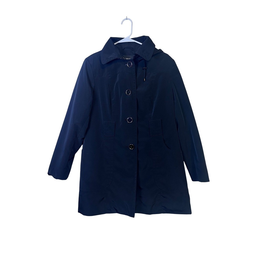 London Fog Women's Black‎ Hooded Raincoat Trench Coat Jacket Size PL